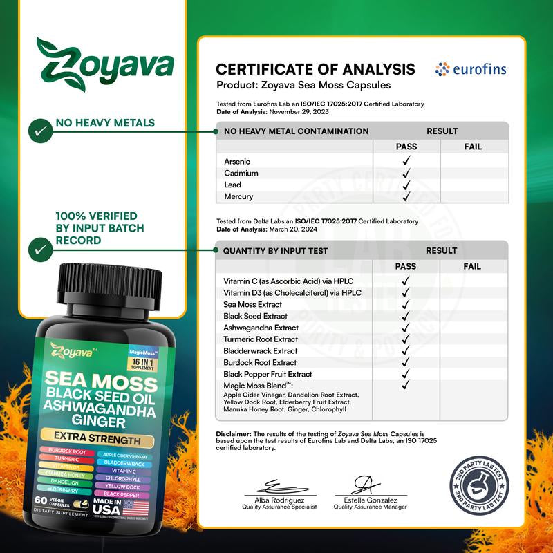Zoyava Sea Moss Supplement - All-In-One Multivitamin with Black Seed Oil, Ashwagandha & 15+ Extra Strength Ingredients - 60 Capsules - MADE in USA
