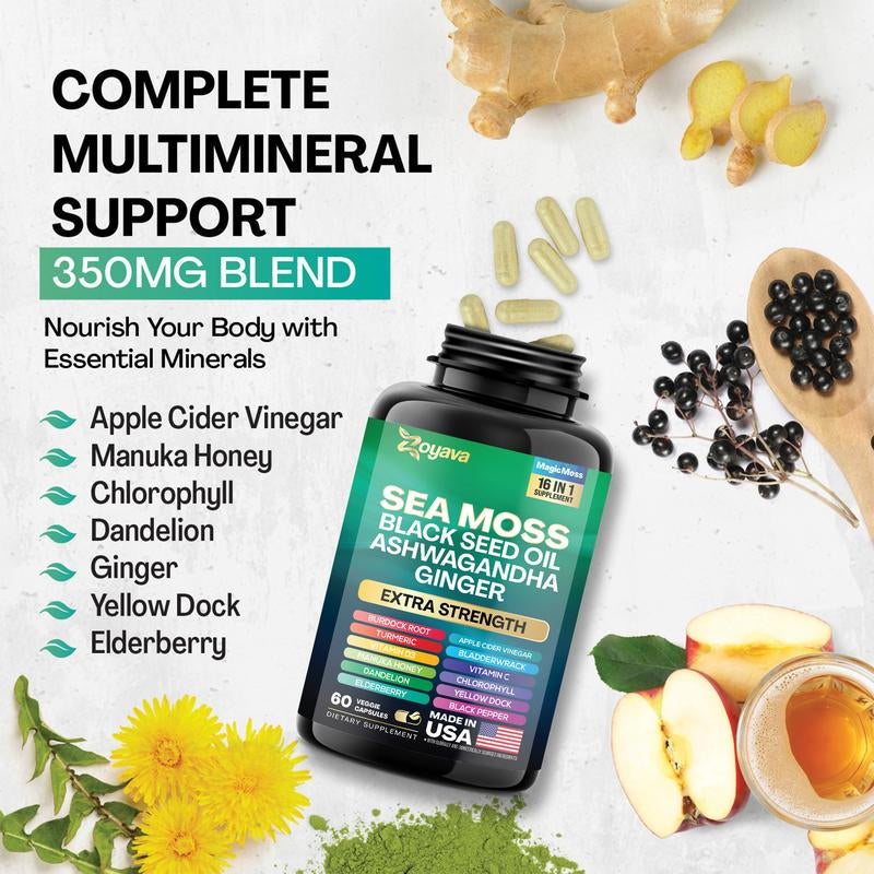 Zoyava Sea Moss Supplement - All-In-One Multivitamin with Black Seed Oil, Ashwagandha & 15+ Extra Strength Ingredients - 60 Capsules - MADE in USA